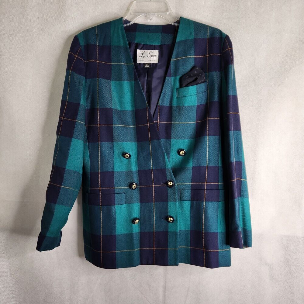 Vintage Le Suit Blazer Size 10 Blue Green Plaid Double Breasted